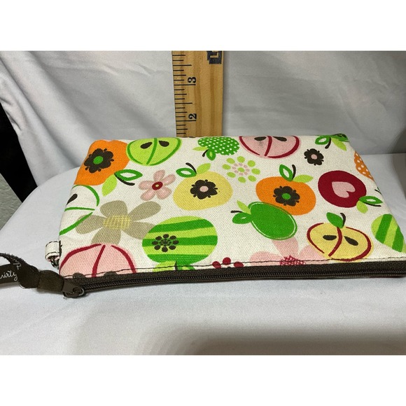 Thirty-One Utility Zipper Bag Fruit and Flower Pattern Brown Striped Interior - Picture 8 of 9